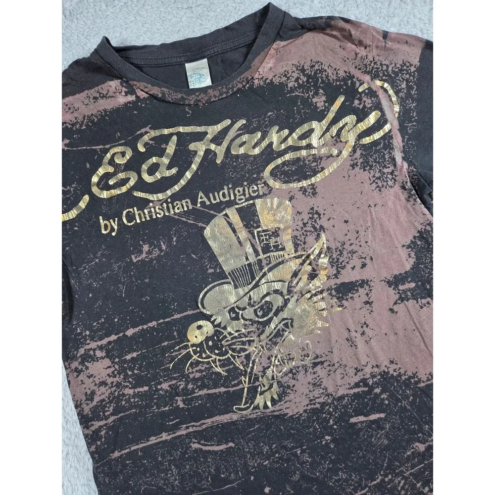 Ed Hardy Graphic T-Shirt Kids XL Black Brown Gold Kids Tattoo Tiger Foil Tee - Picture 1 of 8